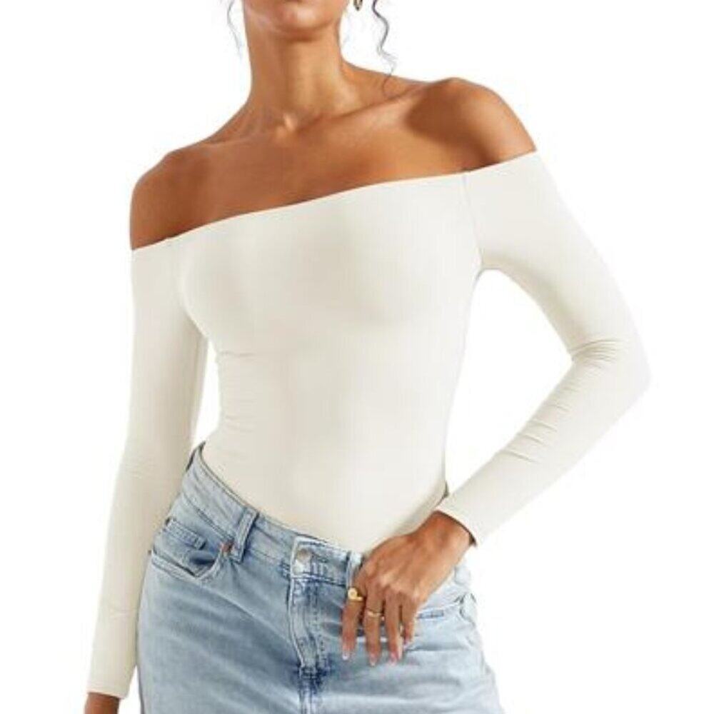 Women Off the Shoulder Long Sleeve White Bodysuit Double Lined Thong Bodysuit
